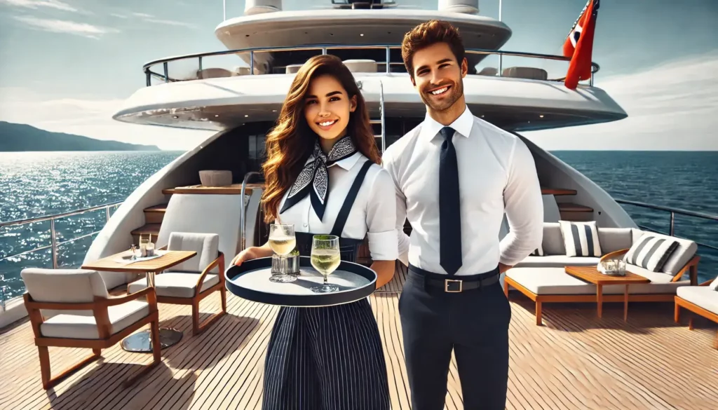 A luxurious yacht with a smartly dressed stewardess and steward